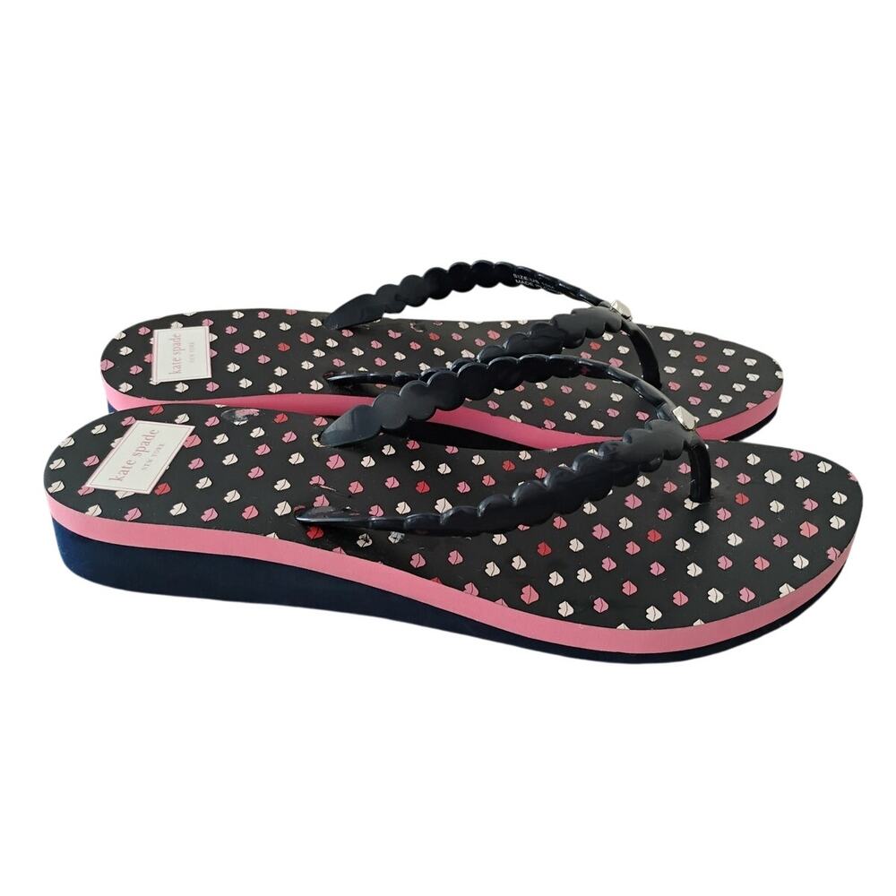 Kate Spade Navy w/Pink & Red Kiss Lips Logo Charm Low Wedge Flip-Flop Sandals 10